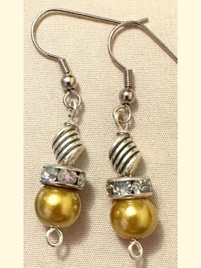 Handmade Gold Faux Pearl Rhinestone Spiral Earrings Stainless Steel Hooks Dangle